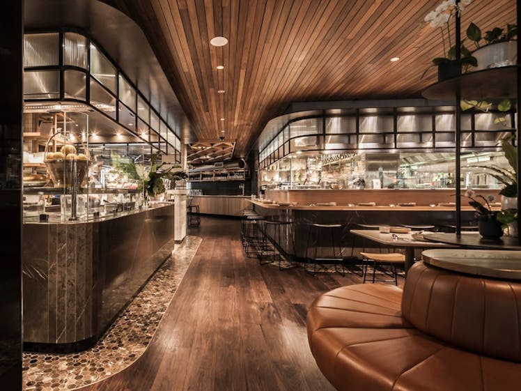 Circular Quay dining room with geometric timber ceiling