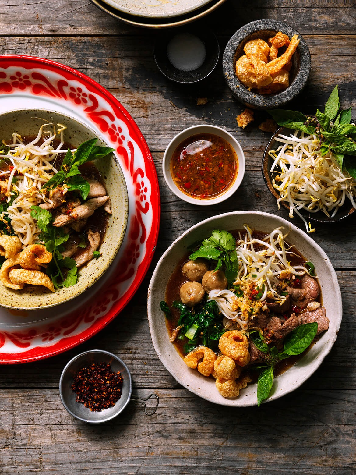 Steaming bowl of boat noodles